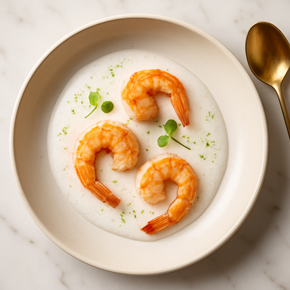 Camarones al ajillo sobre espuma de coco
