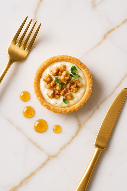 Tartaleta de queso de cabra con miel y nueces